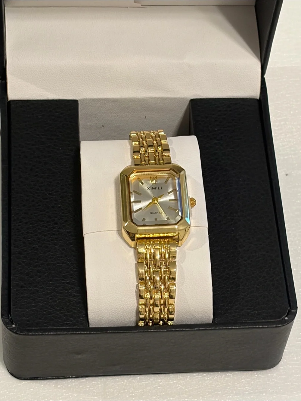 XIMILI Women’s Quartz Analog Rectangle Gold Tone Bracelet Watch w/ Leather Box